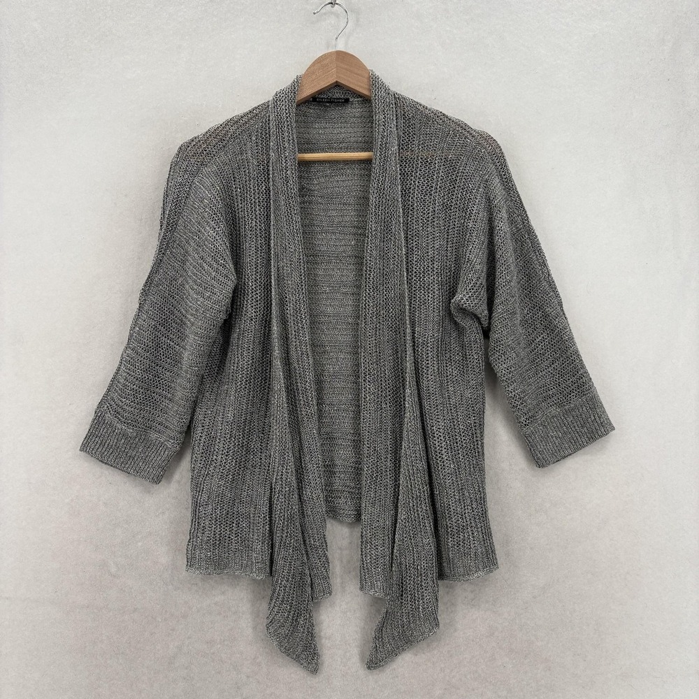 Eileen Fisher Cardigan Sweater Womens M Gray Linen Silk Open Knit Lightweight